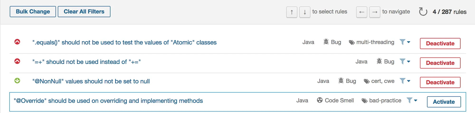 deactivating or activating a rule in custom profile